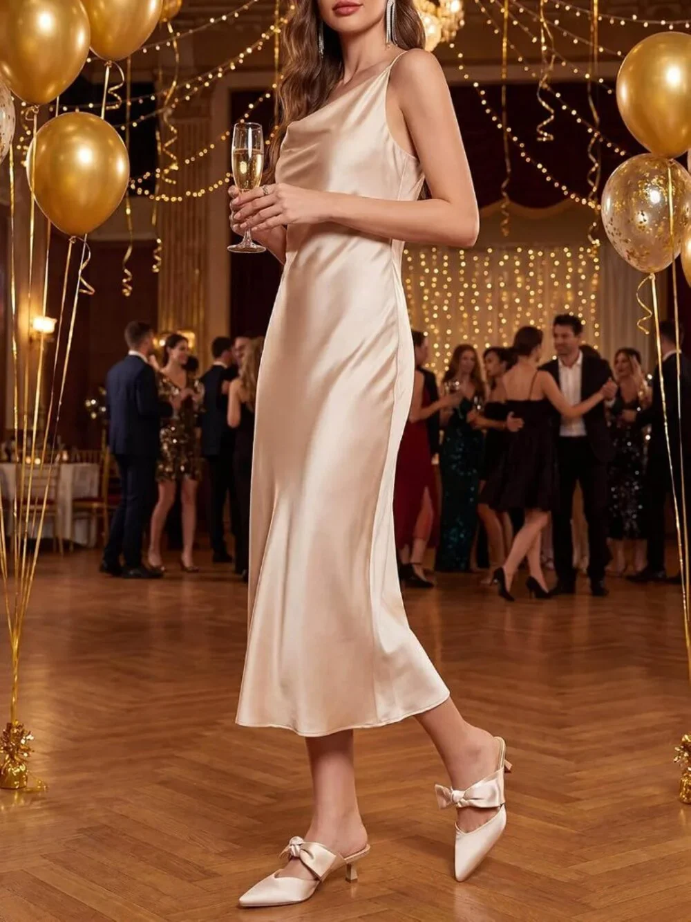 Women's Champagne Rubber Satin Bow Strap Kitten Heels Pointed Toe Slip On Pumps